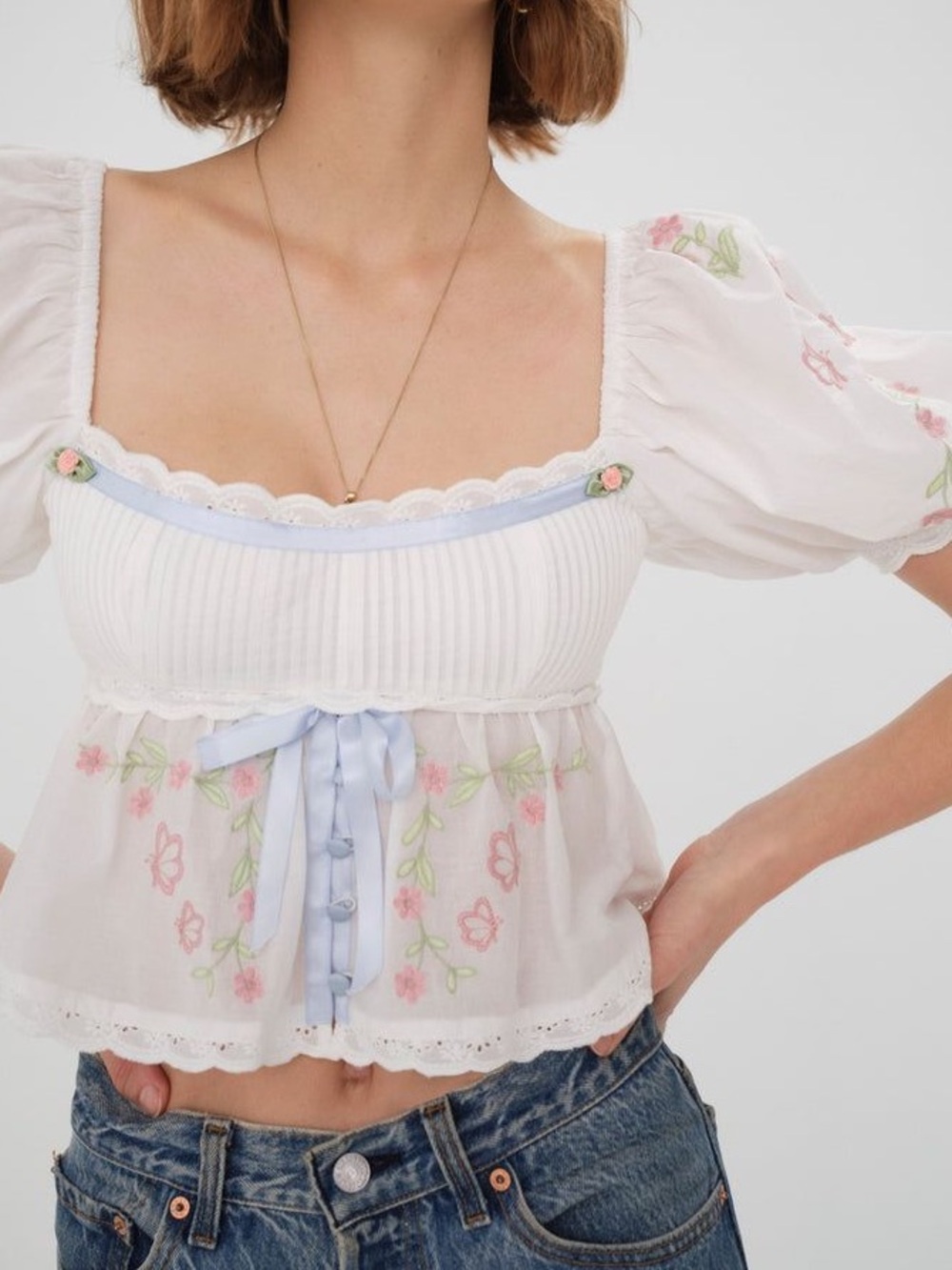 For Love And Lemons Carrington  Embroidered Puff-Sleeve Top // NWT - Picture 12 of 13
